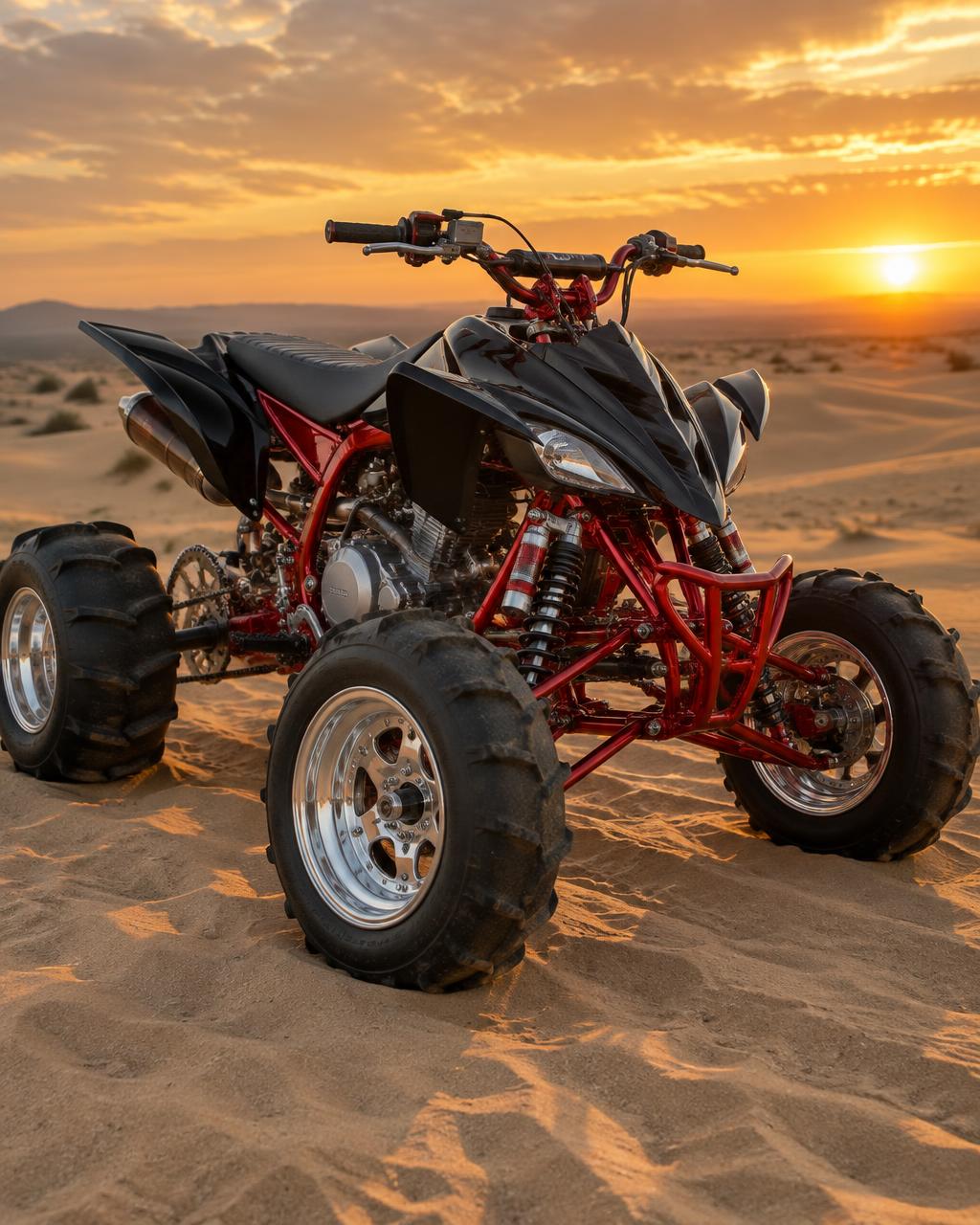 Custom red powder-coated ATV parked on the dunes at sunset