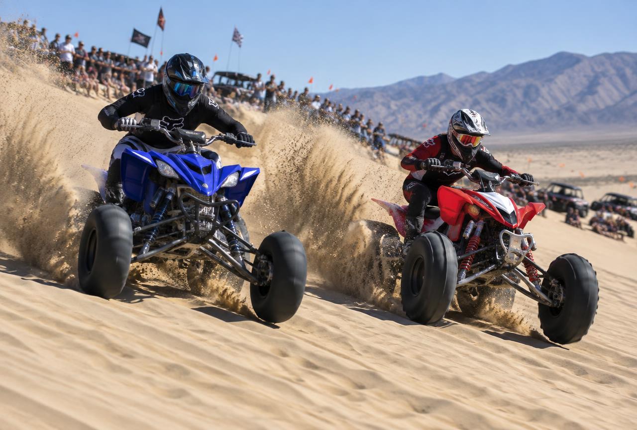 Two quads drag racing up a sand hill at Dumont Dunes
