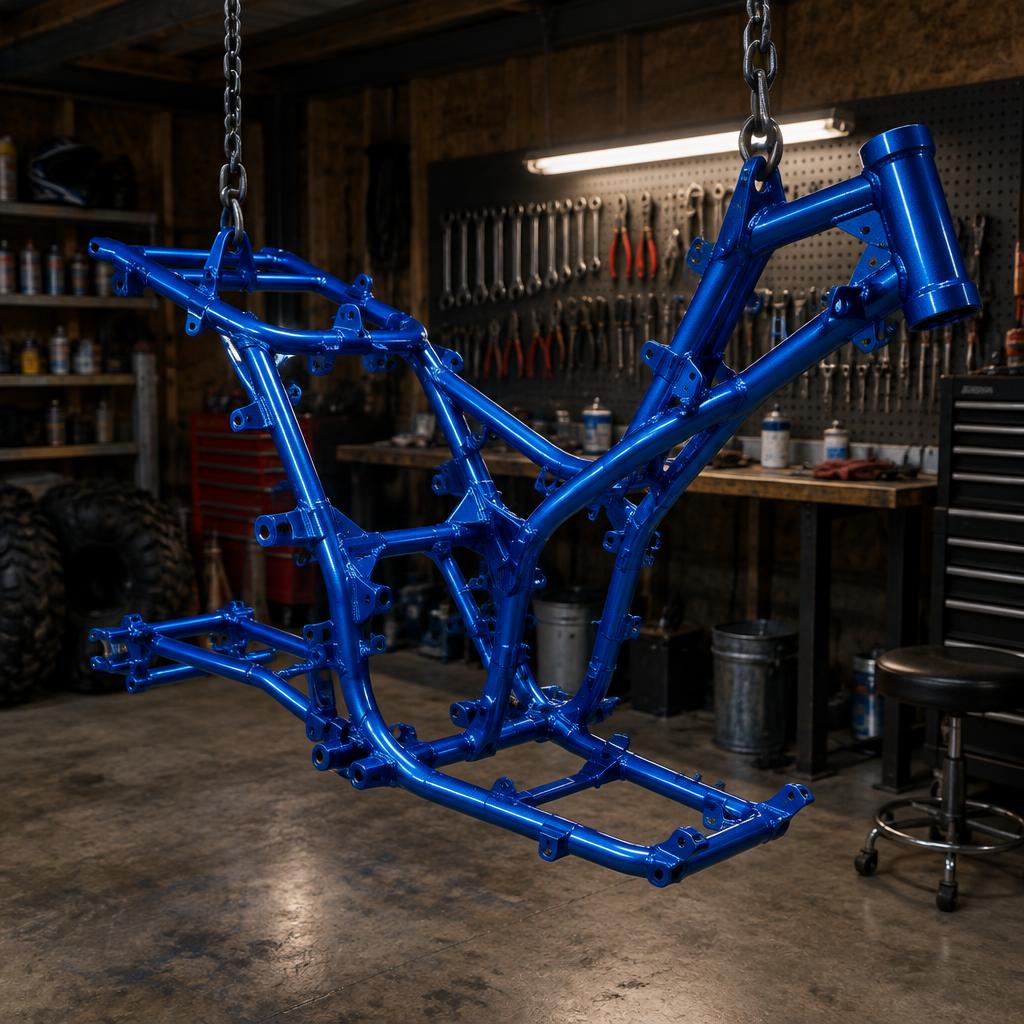 Freshly powder-coated candy blue ATV frame in the shop