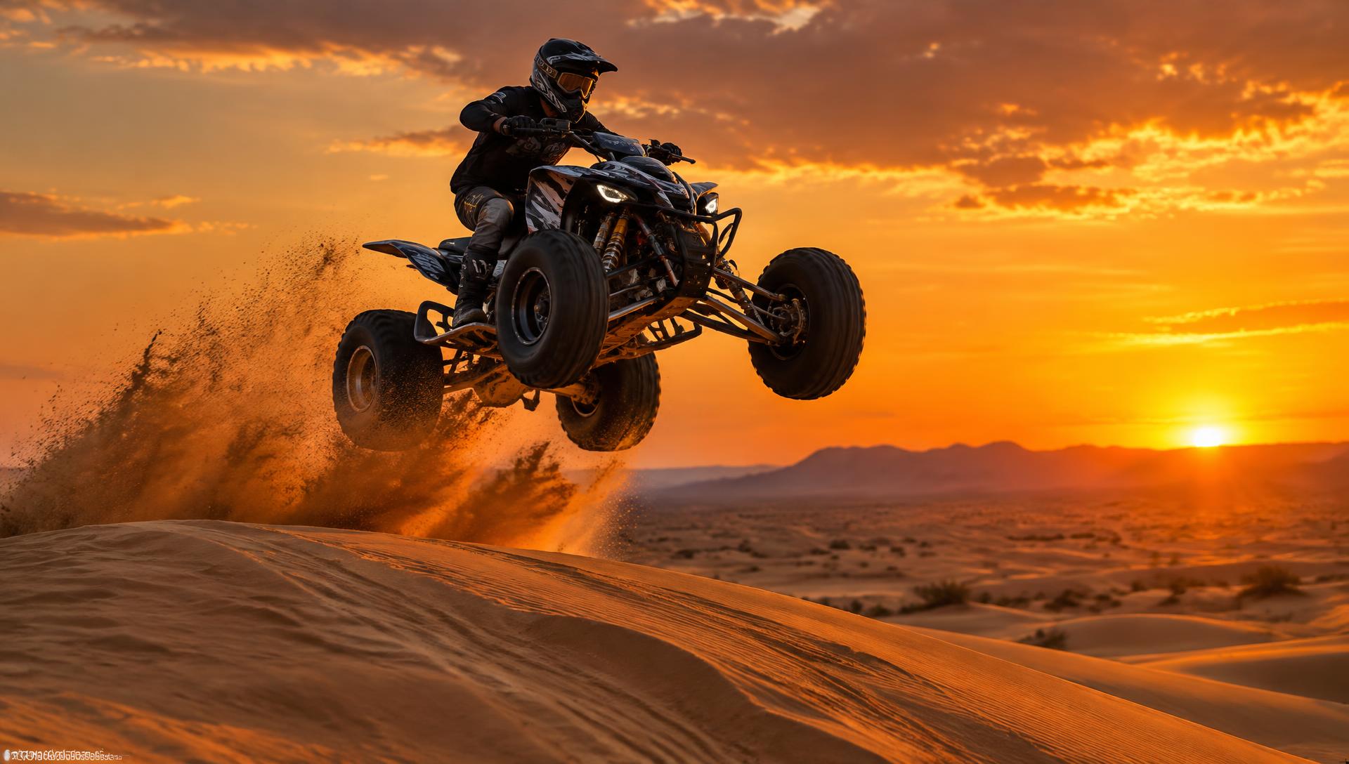 Lil Glamis rider jumping a quad over a sand dune at sunset